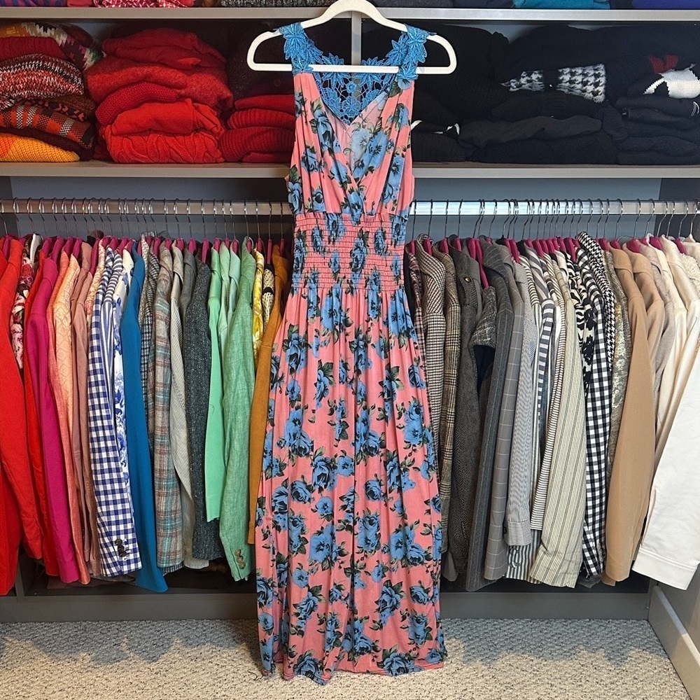 Unbranded pink/blue floral sleeveless v neck smocked waistband maxi dress size S
